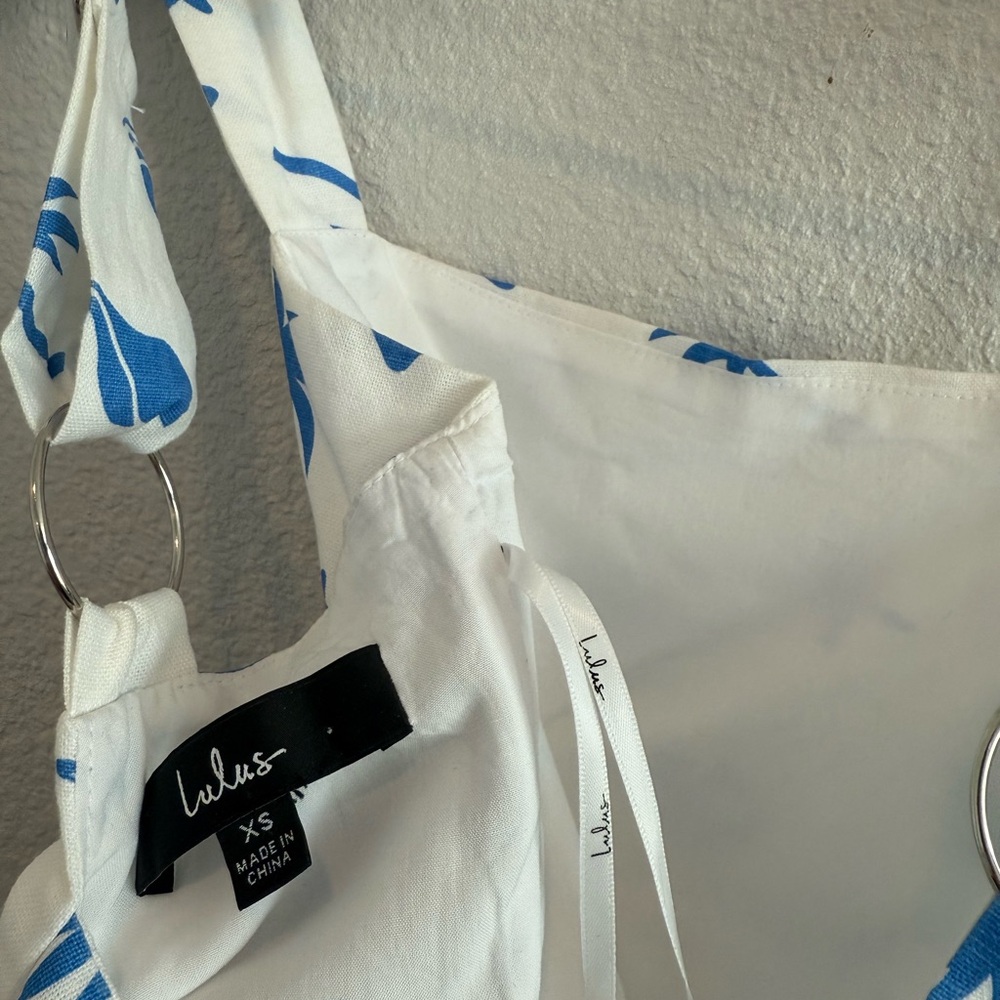 Lulus Beachcomber Babe White And Blue Shell Print Linen Mini Dress - Size XS - Picture 5 of 5